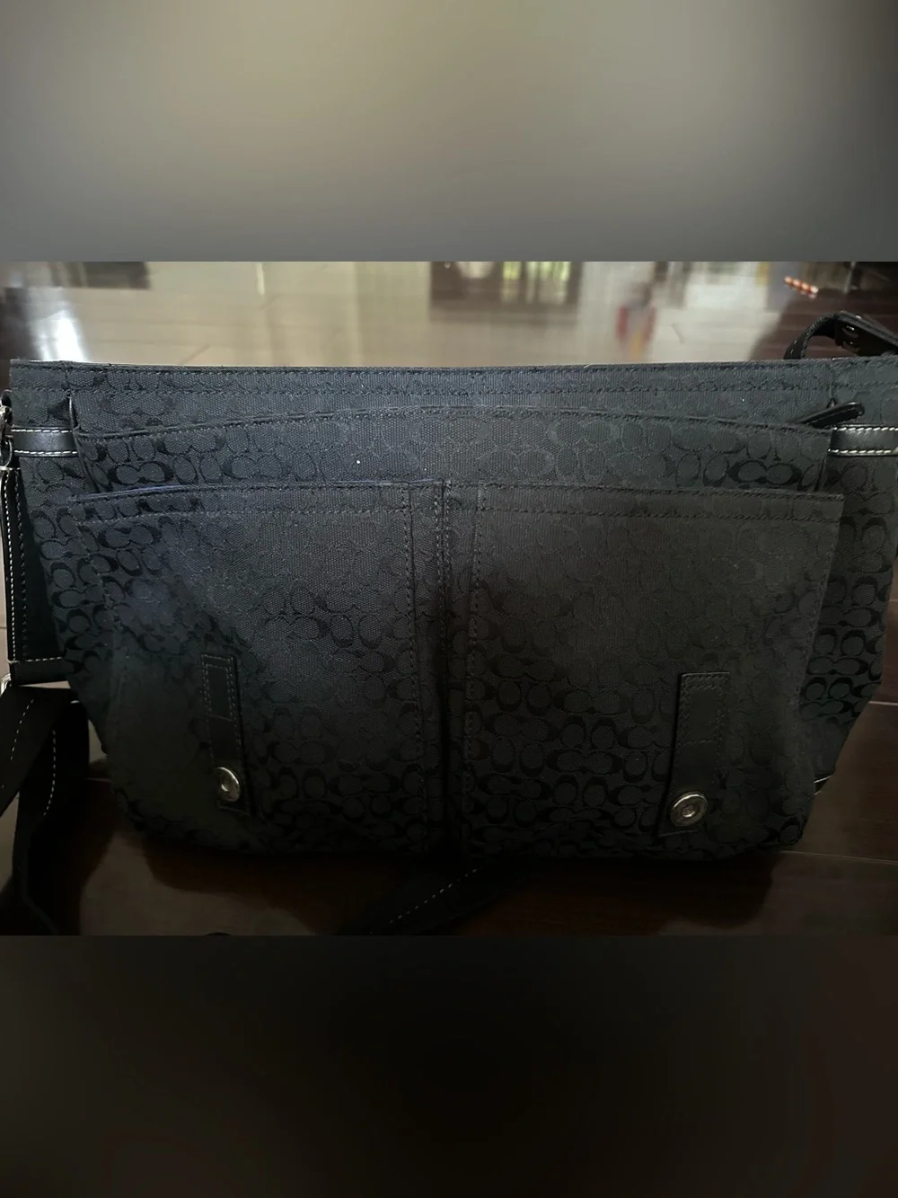 Coach Black Signature Messenger Bag with Cream Stripe